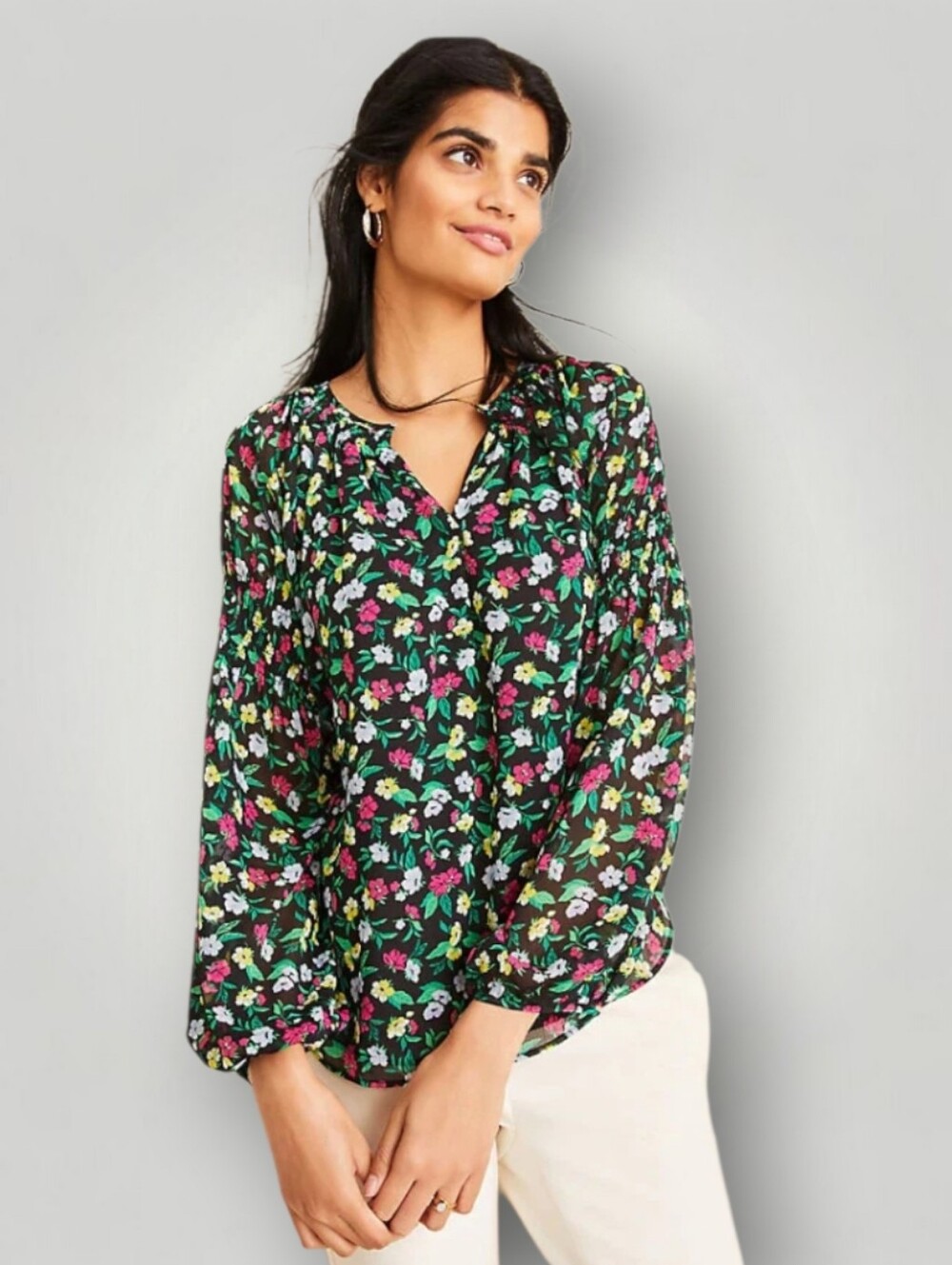 Ann Taylor Womens Small Floral Blouse Black Multicolor Smocked Split Neck Balloo